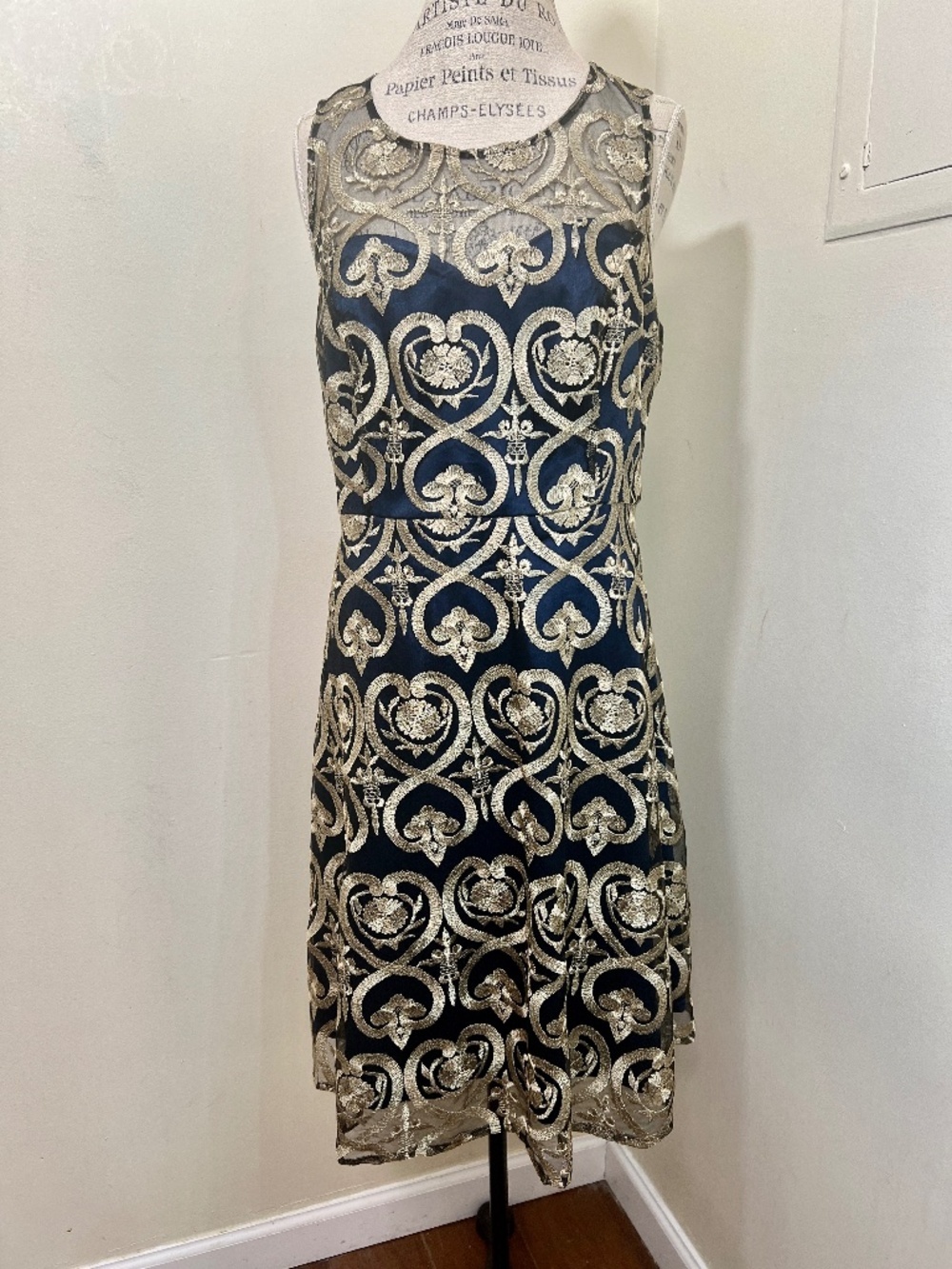 NEW with tag LIZA LUXE Black Blue & Gold Embroidered Sheath Dress Plus Size 1X